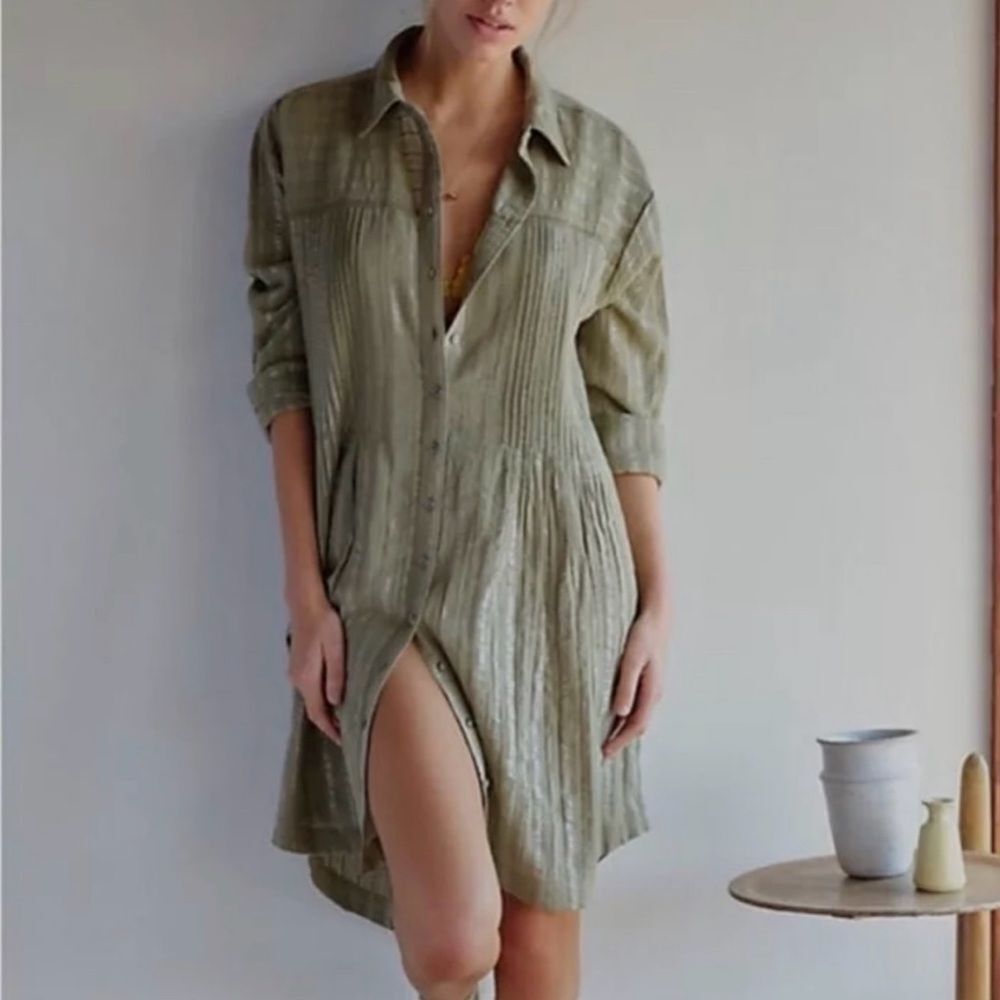 Anthropologie pin tuck moss green & metallic shirt dress S‎